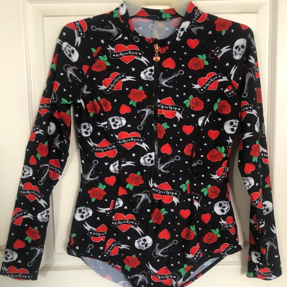 Ed Hardy Black Bodysuit with Red Rose and Skull Design